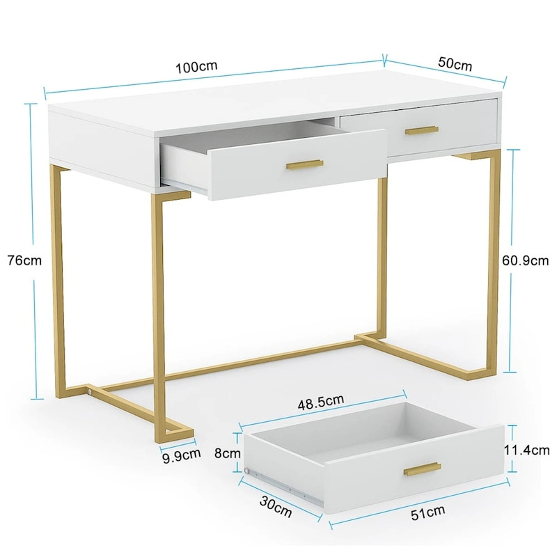 40 Inches Computer Desk White and Gold Desk with 2 Drawers