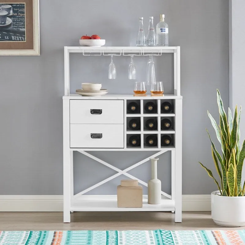 Blue / White Wood Buffet Bar Cabinet with Wine Rack, 9-Bottle Storage