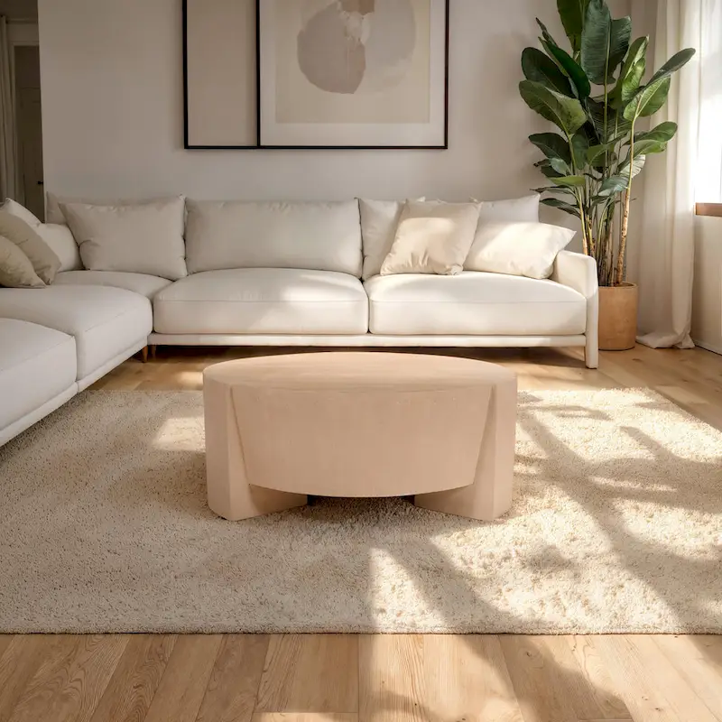 Joana Coffee Table, 35 Inch Round Drum Shape with 3 Legs, Sandblasted Natural Brown Mango Wood