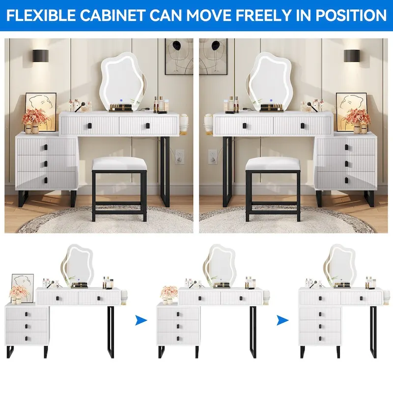Moasis Makeup Vanity Set with Mirror Stool Power Station 5 Drawers Dressing Table Desk - 43.3 x 15.74 x 49.9 inch (L x W x H)