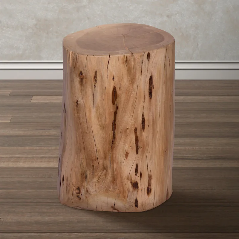 17 Inch Accent Stump Stool End Table, Live Edge Acacia Wood Log with Grain and Knot Details, Natural Brown