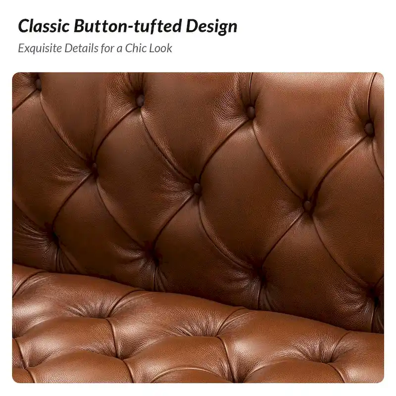 Transitional Genuine Leather Sofa with Metal Legs and Tufted Back