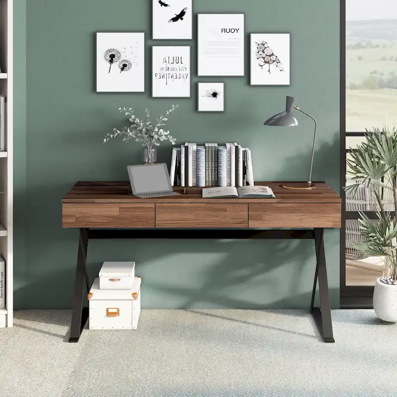 Black & Walnut Industrial Computer Desk with USB, Single-User, 59