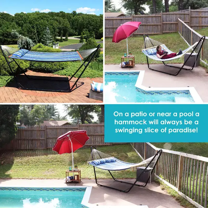 Sunnydaze Double Quilted Fabric Hammock with Universal Steel Stand - 450-Pound Capacity