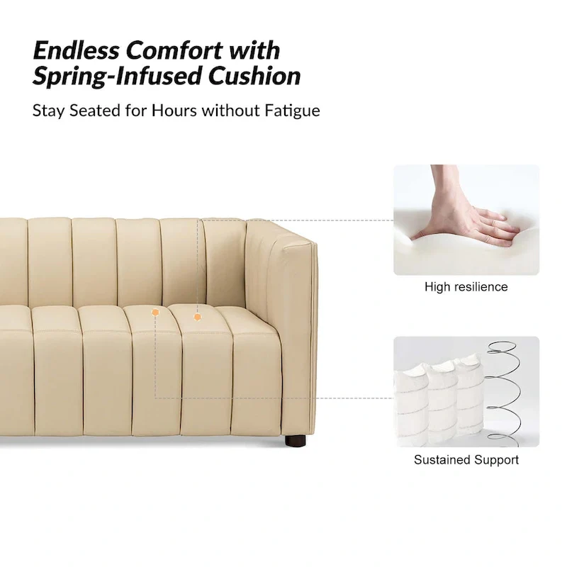 83-inch genuine leather curved sofa with a grooved backrest.