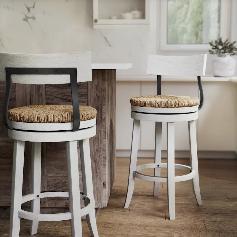 Farmhouse Swivel Wood and Steel Bar Stool with Natural Seagrass Seat