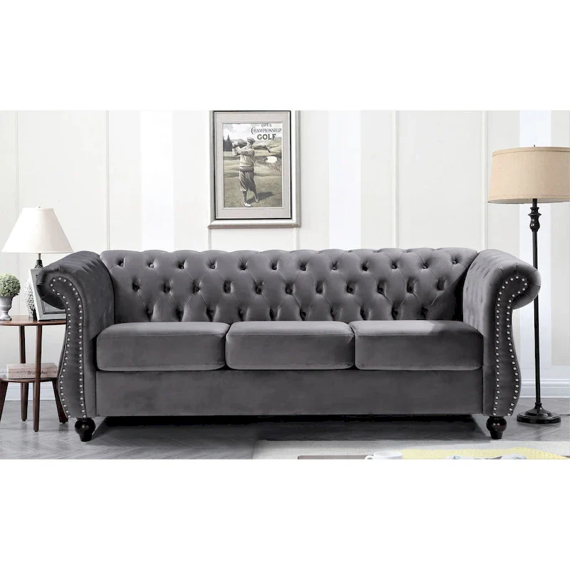 Velvet Chesterfield 3-Seater Sofa with Tufted Back