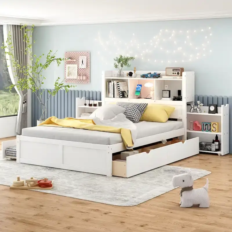 Full Size Storage Platform Bed with Pull Out Shelves, Twin Size Trundle and 2 Drawers, White