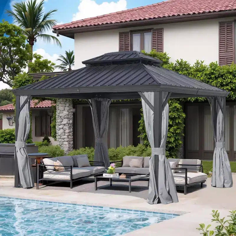 GDFStudio Noah 12' x 16' Aluminum Gazebo with Galvanized Steel Double Roof, Curtains and Netting