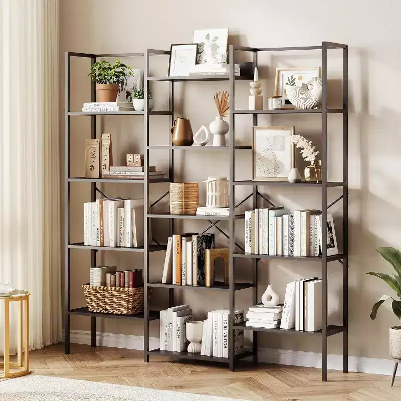 Acekool Triple Column 5-Tier Bookshelf, 14 Adjustable Display Shelves, Wide Industrial Bookcase for Living Room, Office, Rustic Brown