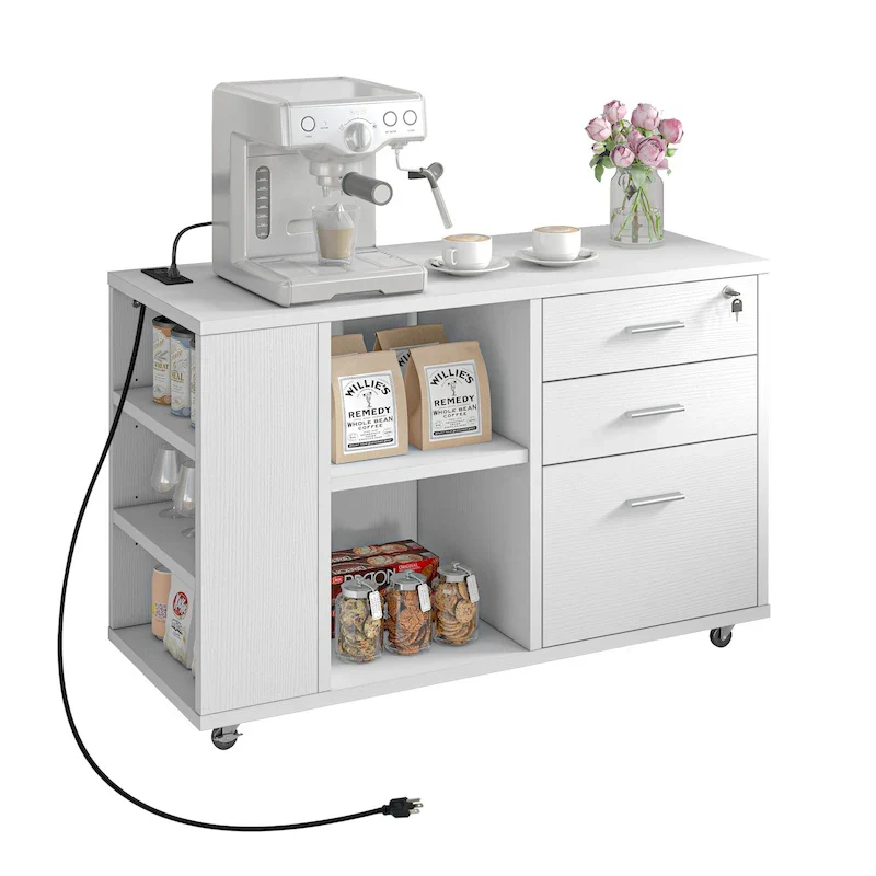 Brown Mobile Wood Lateral File Cabinet with Charging Station & Lock