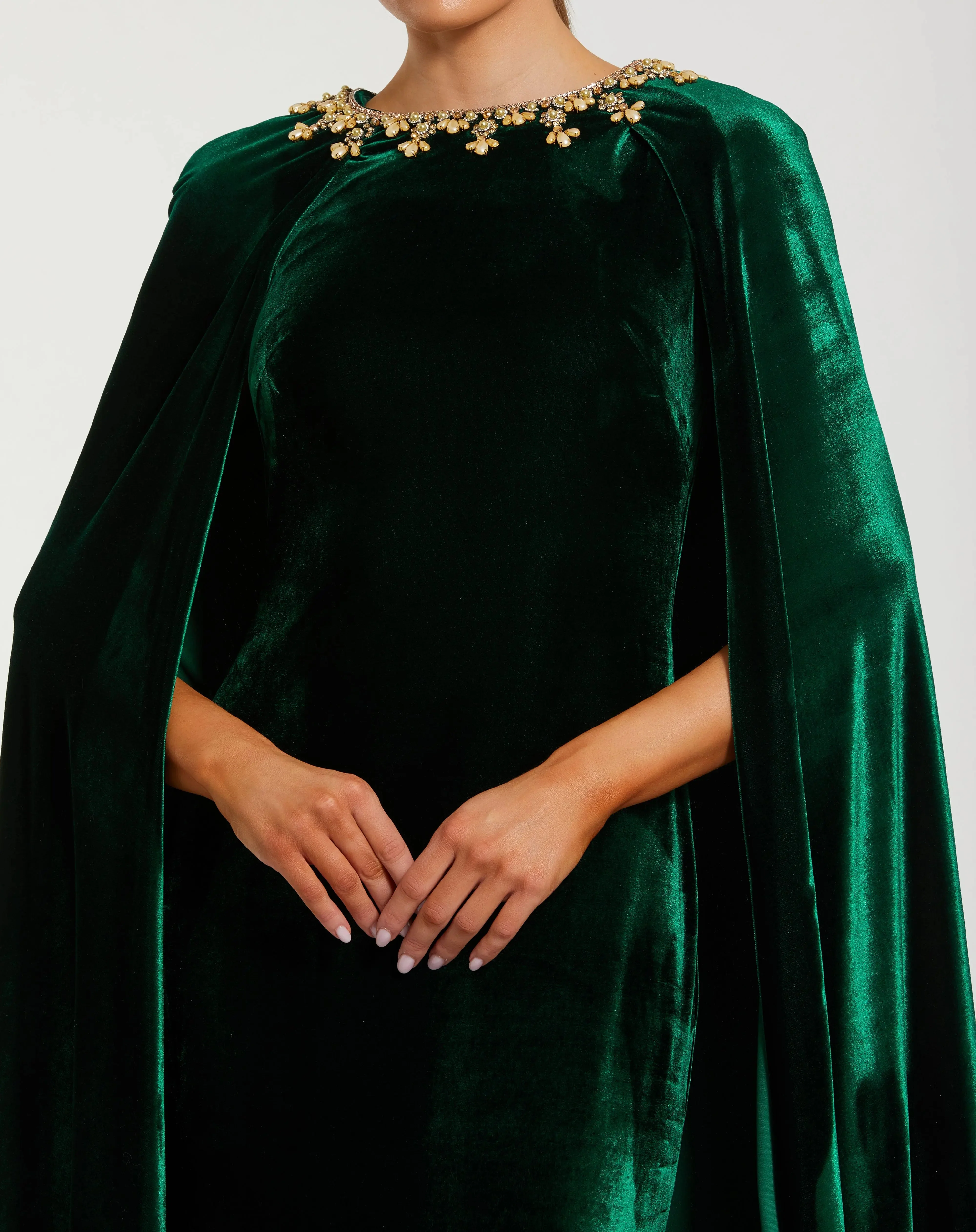 Dark Green Velvet Cape Gown With Embellished Neckline