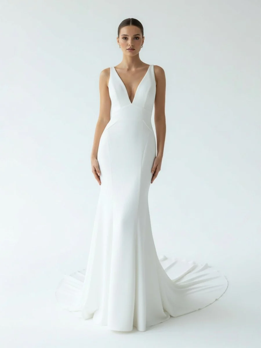 Simple Mermaid V Neck Satin White Wedding Dresses