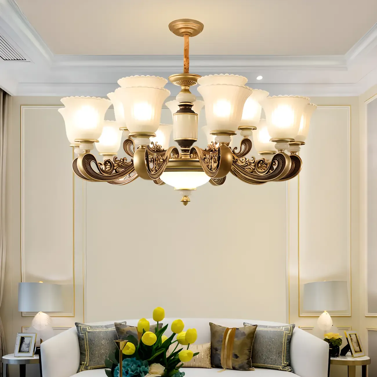 Adjustable Dining Room Gold Glass Bell Shape Up Light Chandelier