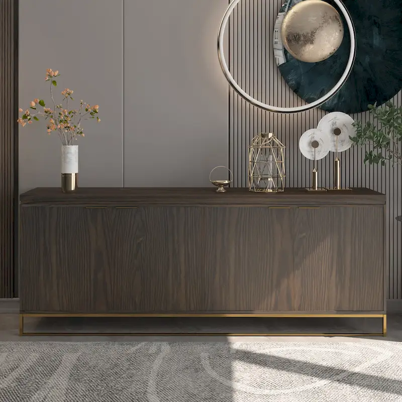 Brown / White Wood Grain 4-Door Sideboard Cabinet with Gold Metal Legs