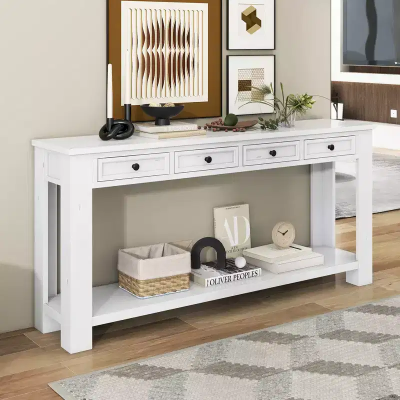 Whisen Rustic Rectangle Wood Console Table with 4-Storage Drawers and Bottom Shelf