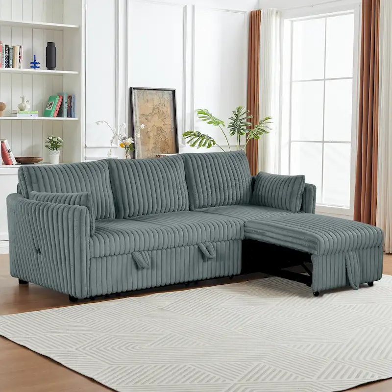 Fabric Sleeper Sectional Sofa with USB Port and 2 Pillows