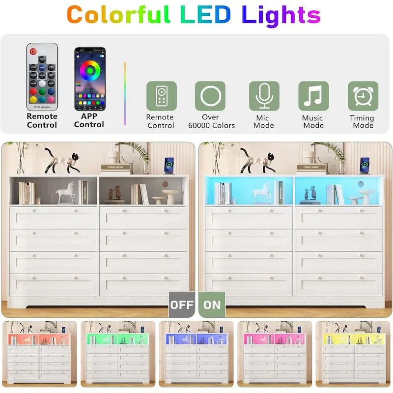 Modern Wood Dresser with 8 Drawers, Bedroom Dresser with Charging Station & LED Lights