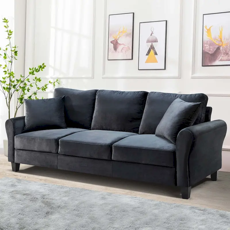 3-Seater Velvet Sofa with 2 Pillows, Black/White/Grey, Wood Frame, 3-Person