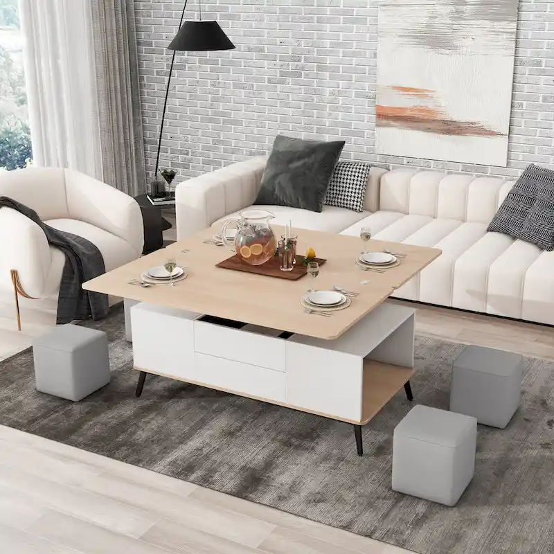 5 Pieces Lift Top Coffee Table Set with Storage Convertible Dining Table