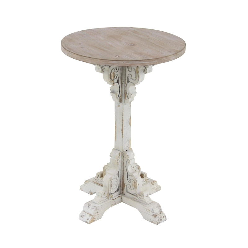 Wood Scroll Intricately Carved Accent or End Table with Brown Wood Top - Gray, White, Cream - Roche River Decor