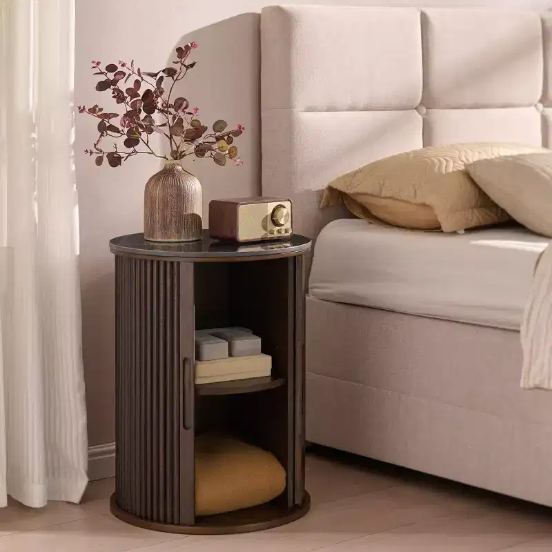 Artificial marble circular end table with storage space, medieval modern bedside table, suitable for bedrooms and living rooms- Morden Fort