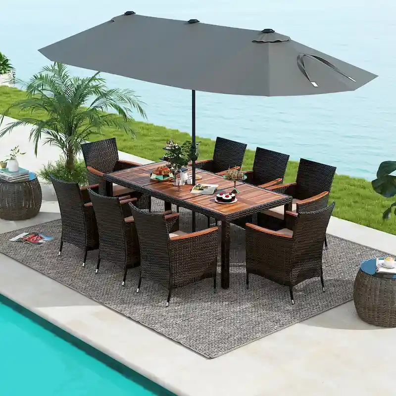 Gymax 9 Piece Patio Wicker Dining Set w/ Double-Sided Patio Grey