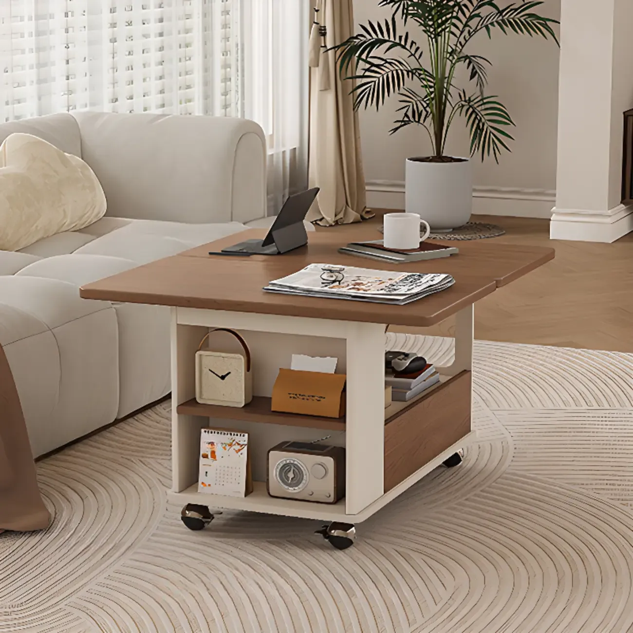 Adjustable Tabletop Modern Wood Side Table with Wheels