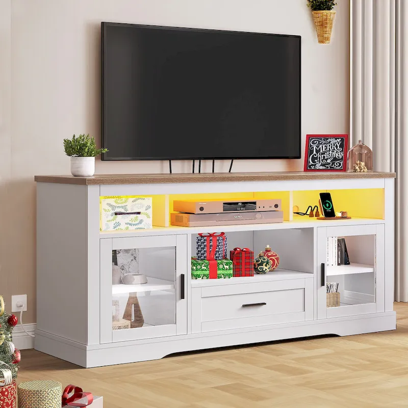 Moasis LED Farmhouse TV Stand for TV up to 65  Highboy Entertainment Center with Acrylic Doors