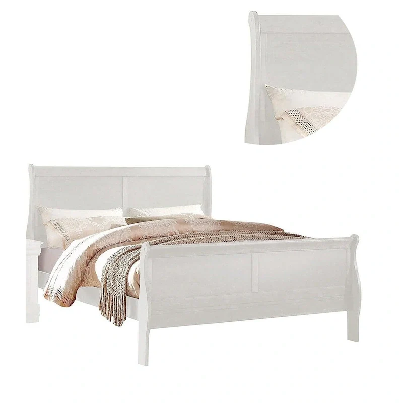 Queen Size Sleigh Bed with Minimalist Headboard & Footboard – White, Classic Style