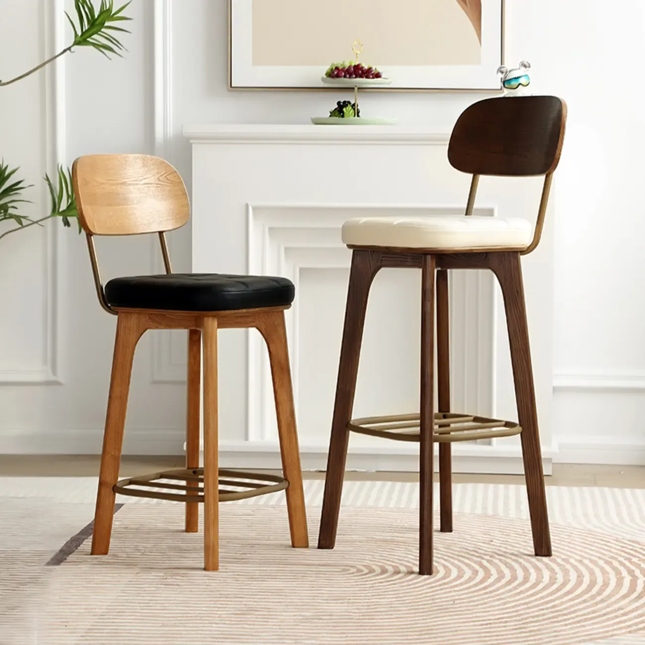 Wooden Square Leather Upholstered Bar Stool with Backrest