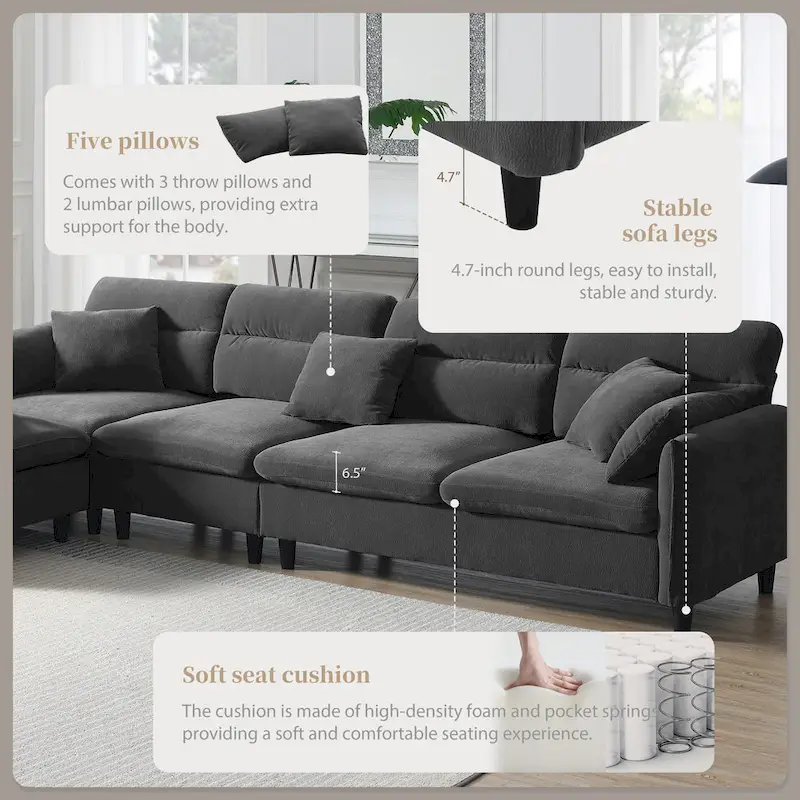 110 Modern L-Shaped Convertible 5-Seat Sectional Sofa with Removable Ottoman and 5 Cushions, Plush Chenille Fabric