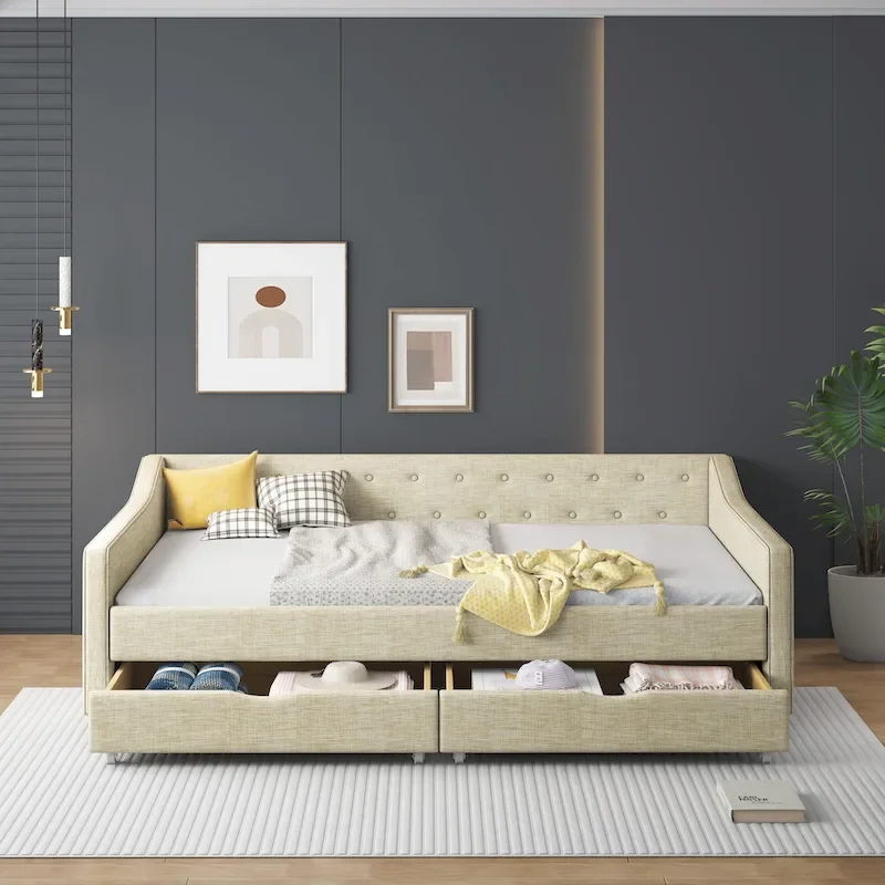 Upholstered Daybed with Storage Drawers, Beige / Dark Grey, Full Size, 1-Person