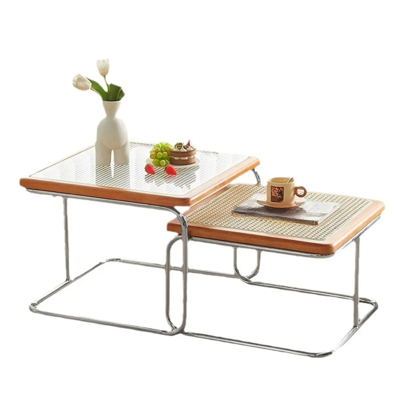 Cherry Finish Rattan Glass Square Nesting Coffee Table