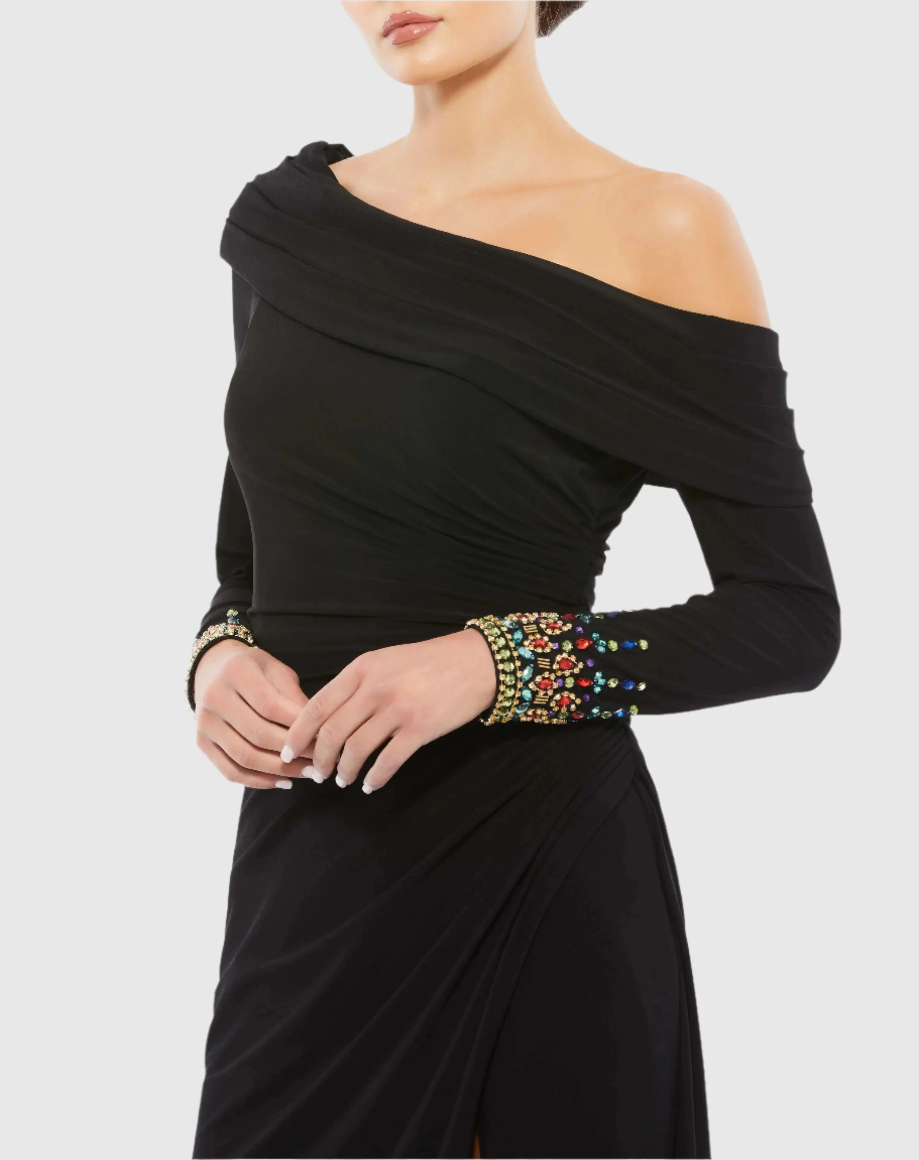Black Multicolor Beaded Cuff Drop Shoulder Faux Wrap Gown