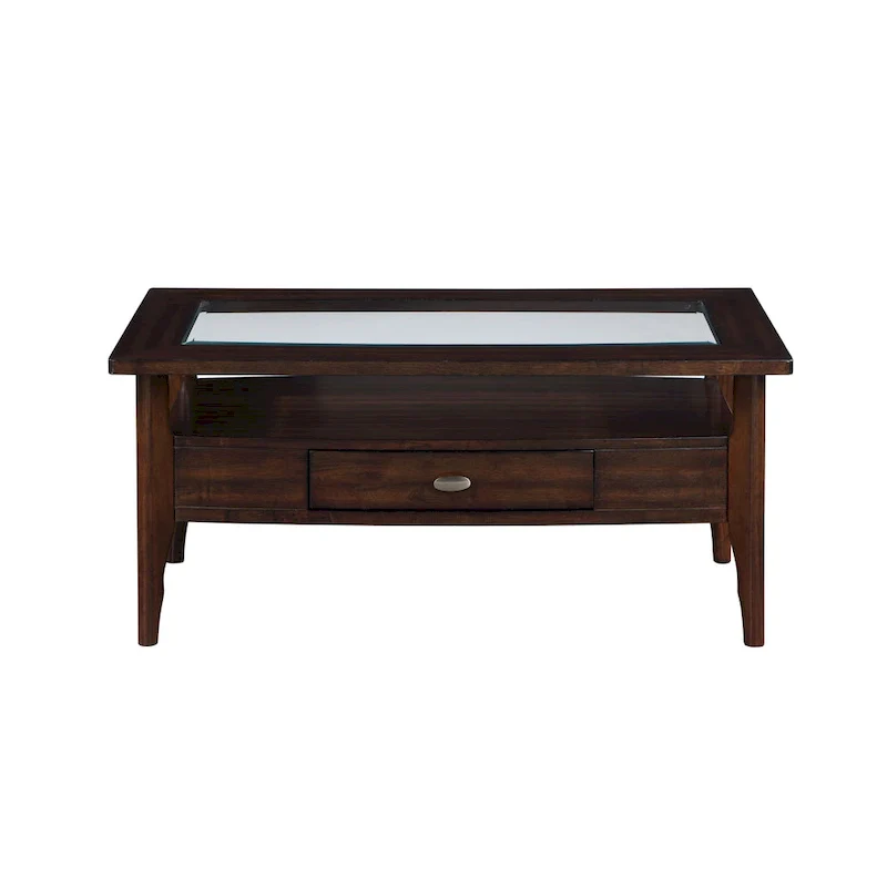 Traditional walnut 44-inch single-drawer glass coffee table