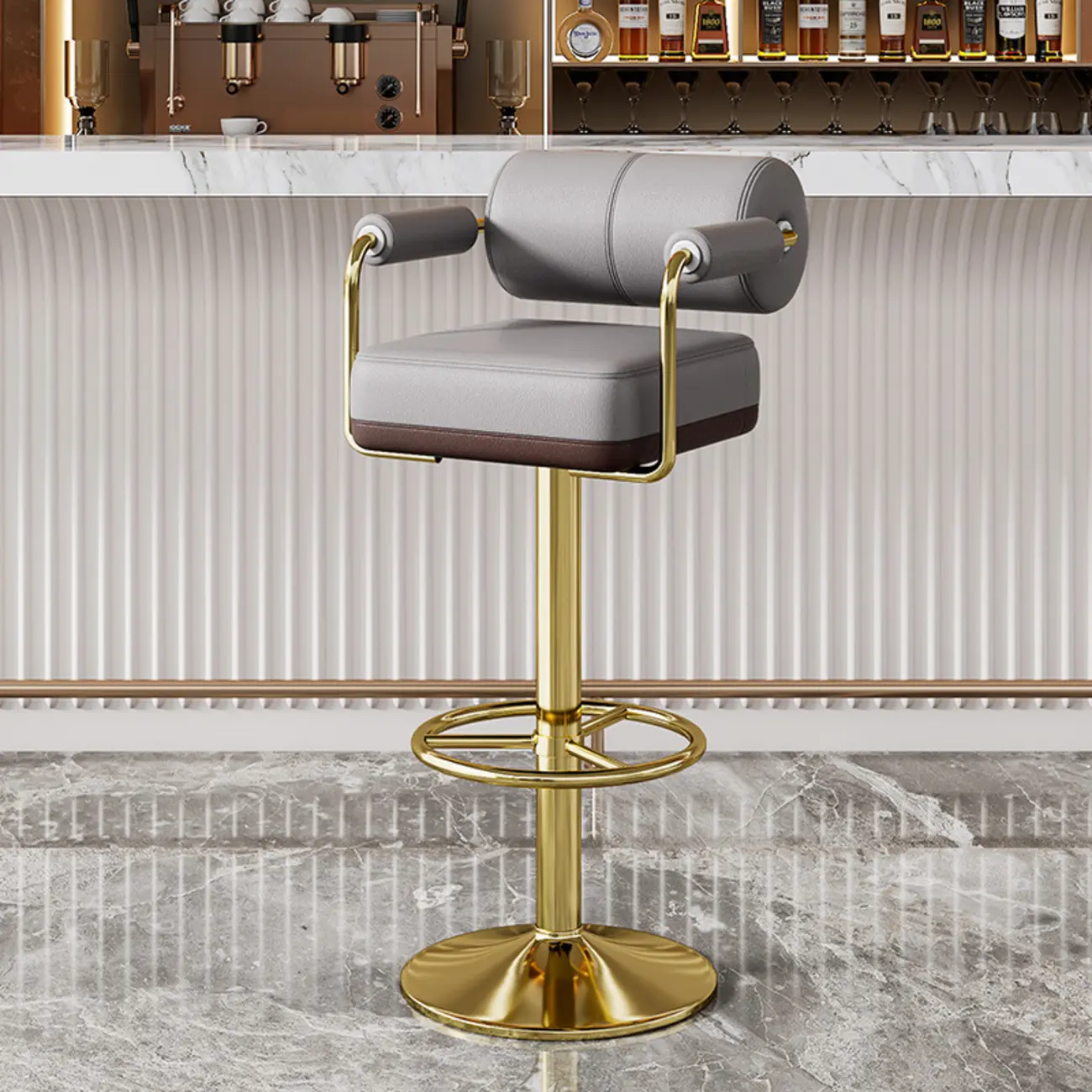 Square Adjustable Leather Gold Legs Swivel Bar Stools