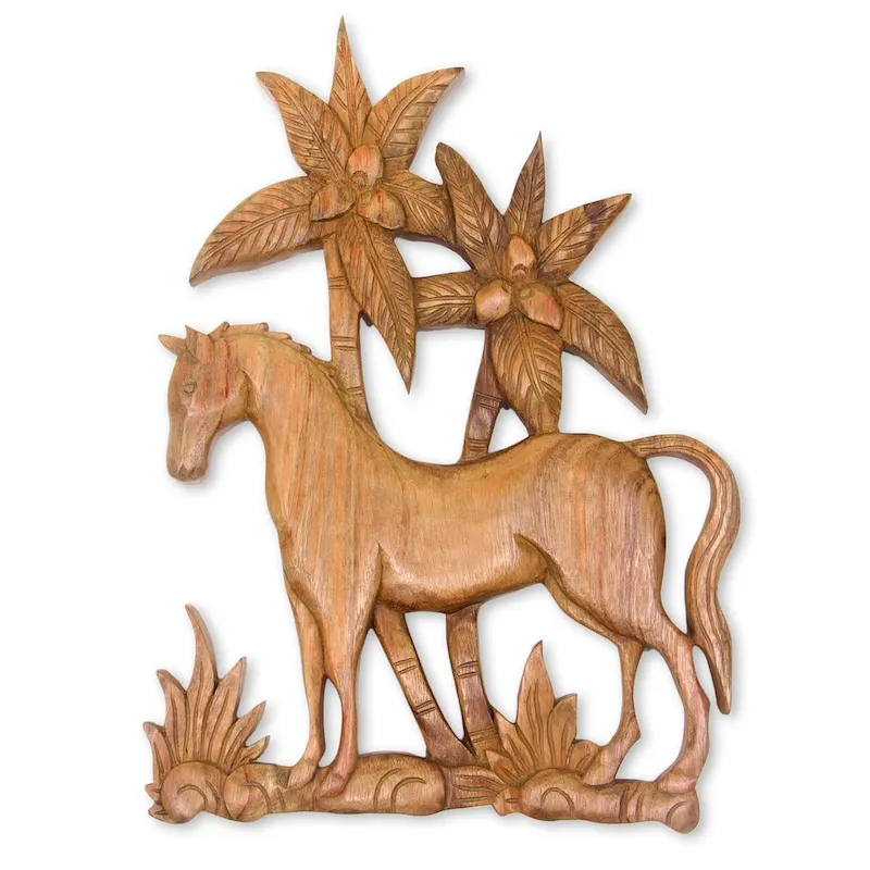 Novica Handmade Sumba Pony Wood Relief Panel