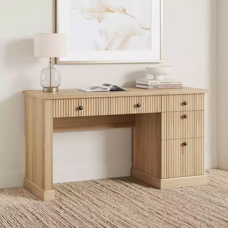 Fluted Home Office Desk Storage, 54 in Modern Executive Desk with Charging Station, Wooden Computer Writing Desk with File Drawers for Study Room