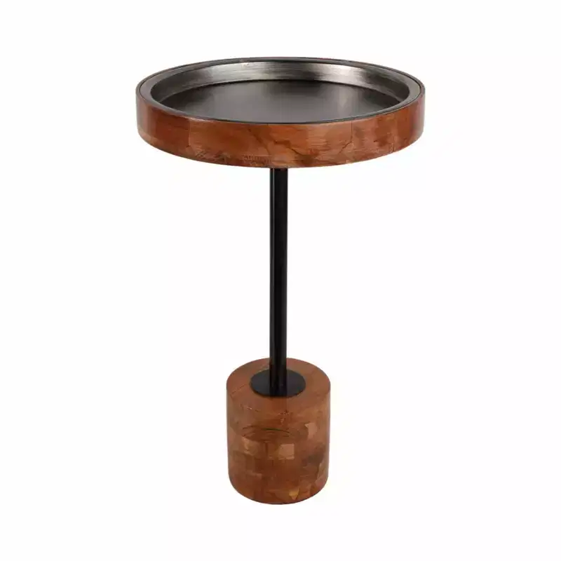 Modern Accent Side Table with Wood Frame and Metal Top - Contemporary Round Accent Design Blends Warmth and Style for Home Decor - Brown