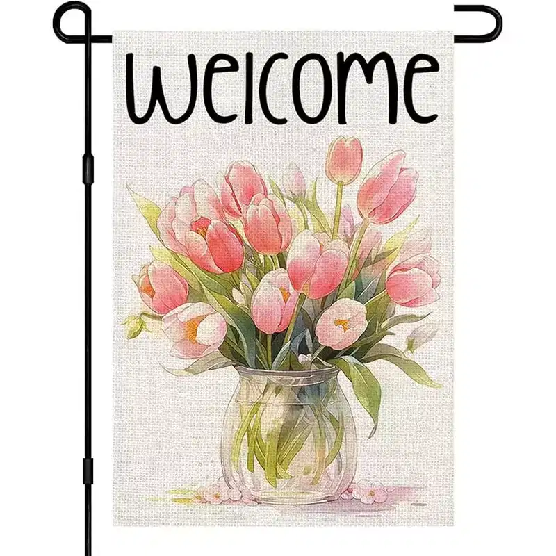 Lomsoe Spring Welcome Garden Flag Pink Floral Seasonal Sign Welcome Yard Flag Spring Farmhouse Holiday Outdoor Decor Single Side 12x18Inch