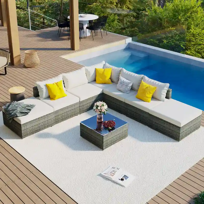 Outdoor Wicker 8-Pieces Sofa Set with Cushions and Coffee Table