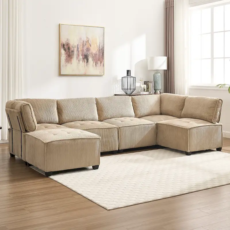 U-Shaped Corduroy Upholstered 6-Seat Convertible Modular Sectional Sofa Fit for Living Room
