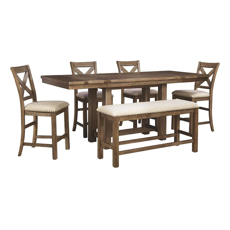 Brown Counter Height Extension Dining Table with Through-Tenon Pedestal Base & Plank-Effect Top, for 4-8 People