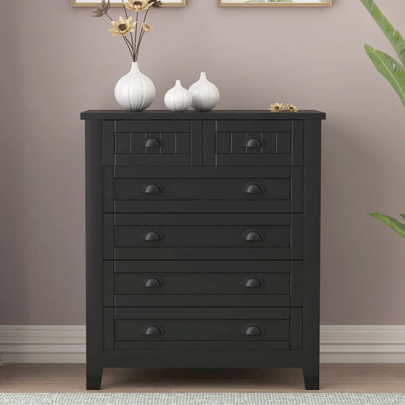 Modern Black Storage Solid Wood Retro Shell Handle Side Cabinet