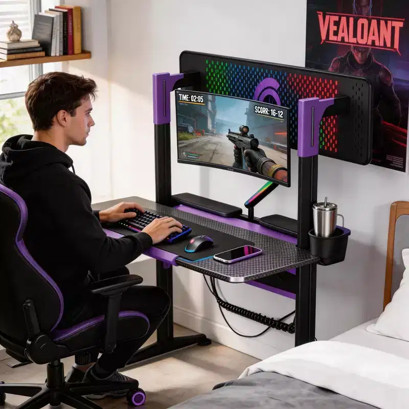 RSPGAME 54''Gaming Desk wtih RGB Monitor Stand, LED Gamer Desk with Power Outlet, Ergonomic Computer Desk with Storage Boxes,Black