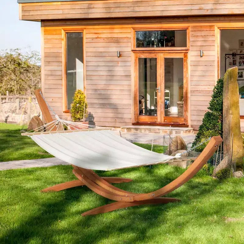 Extra Large Freestanding Cotton Hammock with Solid Wood Stand 330 lb Capacity Boho Chic Style