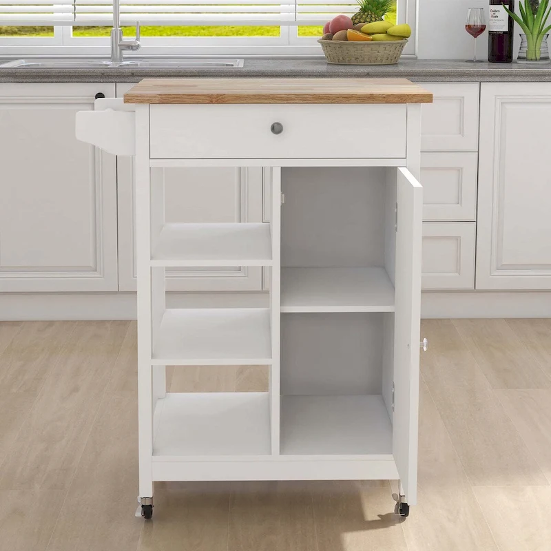 White Rolling Kitchen Island with Towel Rack