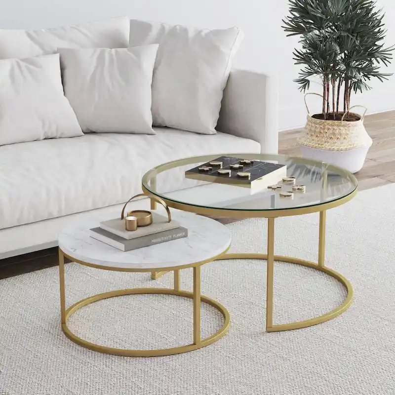Round Nesting Coffee Table Set of 2 Modern Minimalist Metal Base Wood Marble Glass Finish