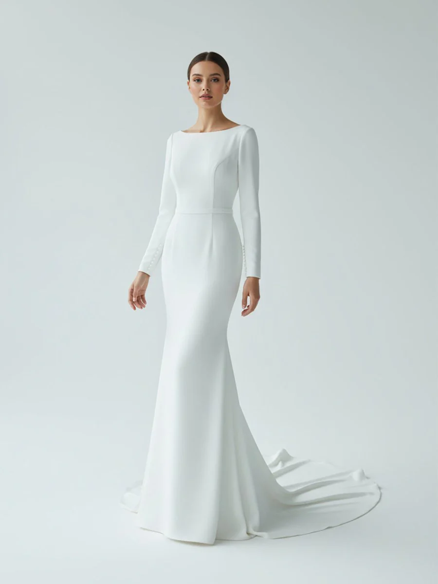 Mermaid Scoop Neck V Back Satin Wedding Dress